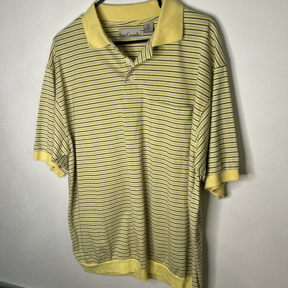 VTG Sun Casuals Polo Shirt Mens XL Yellow Striped  Short Sleeve Pocket Top